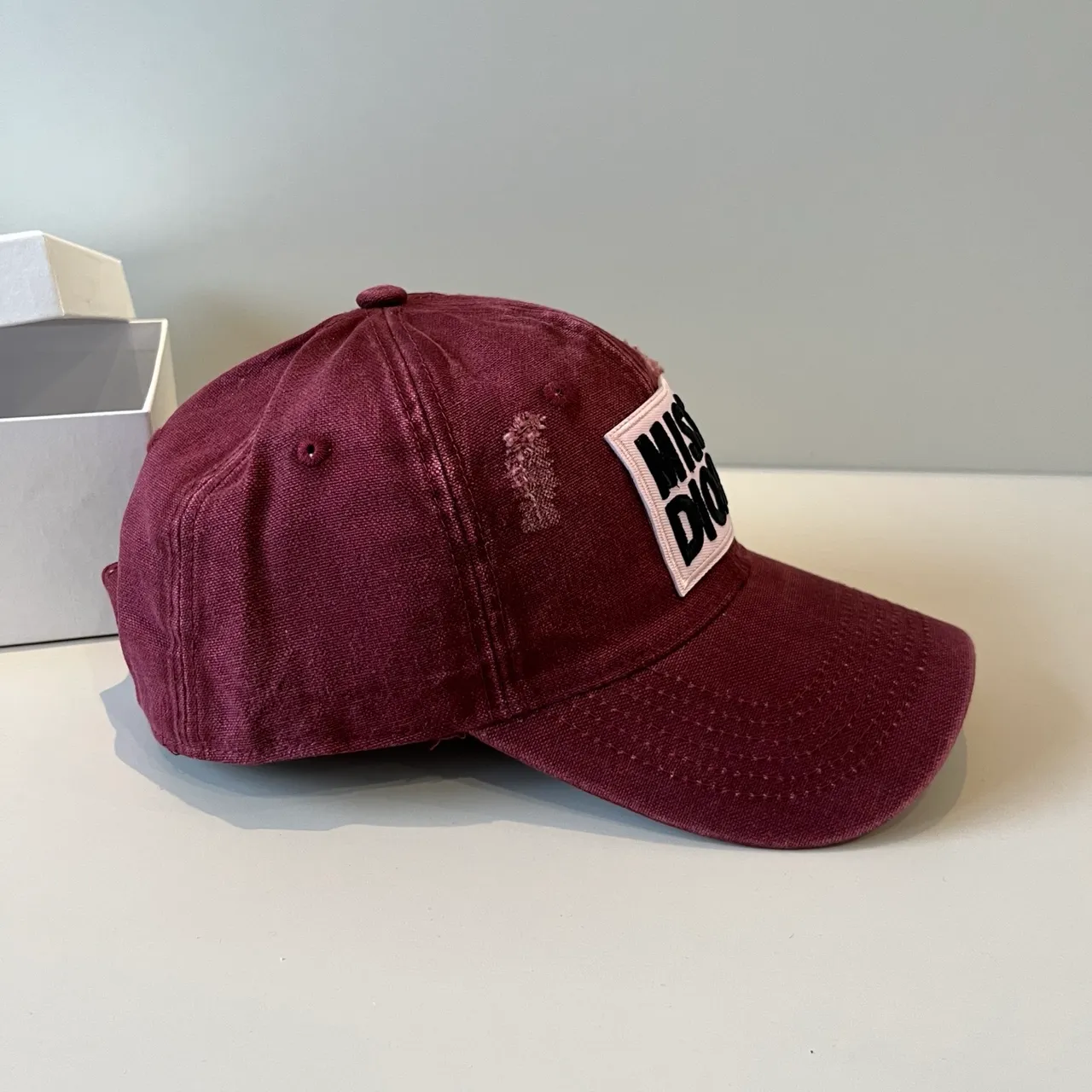 Dior Burgundy White Distressed Fabric Embroidered Patch Logo Baseball Cap 7