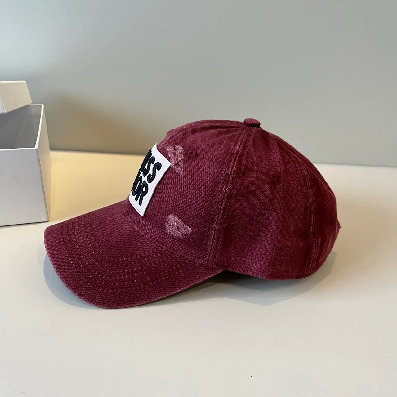 Dior Burgundy White Distressed Fabric Embroidered Patch Logo Baseball Cap 8