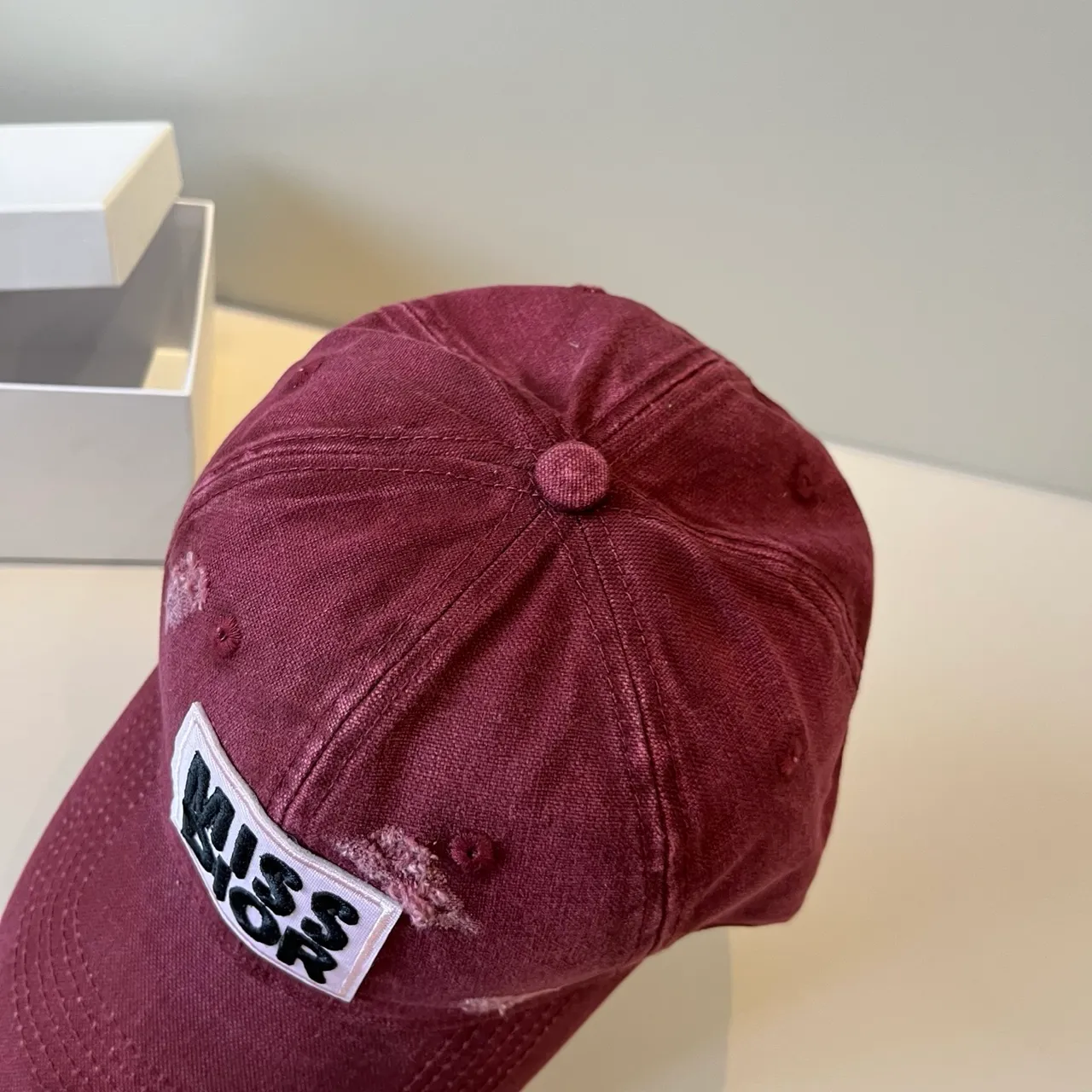 Dior Burgundy White Distressed Fabric Embroidered Patch Logo Baseball Cap 5