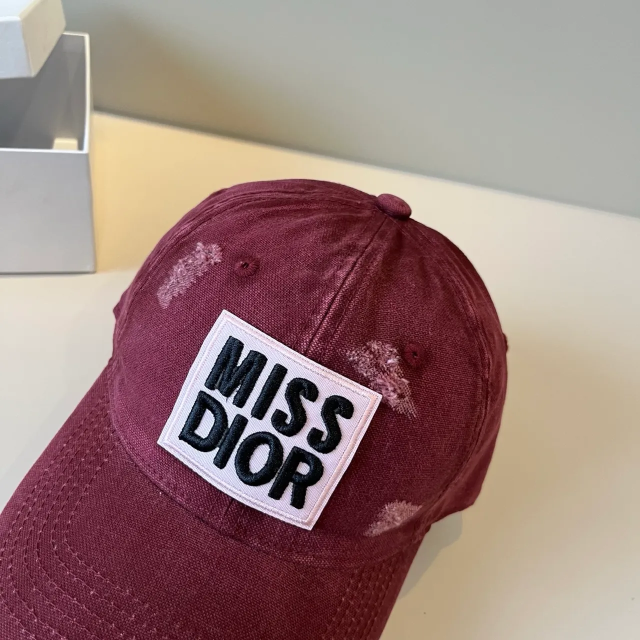 Dior Burgundy White Distressed Fabric Embroidered Patch Logo Baseball Cap 9
