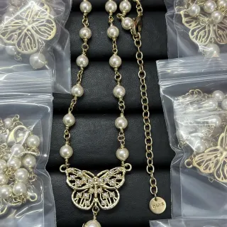 Dior Butterfly Gold White Chain Cultured Pearl Beads Necklace