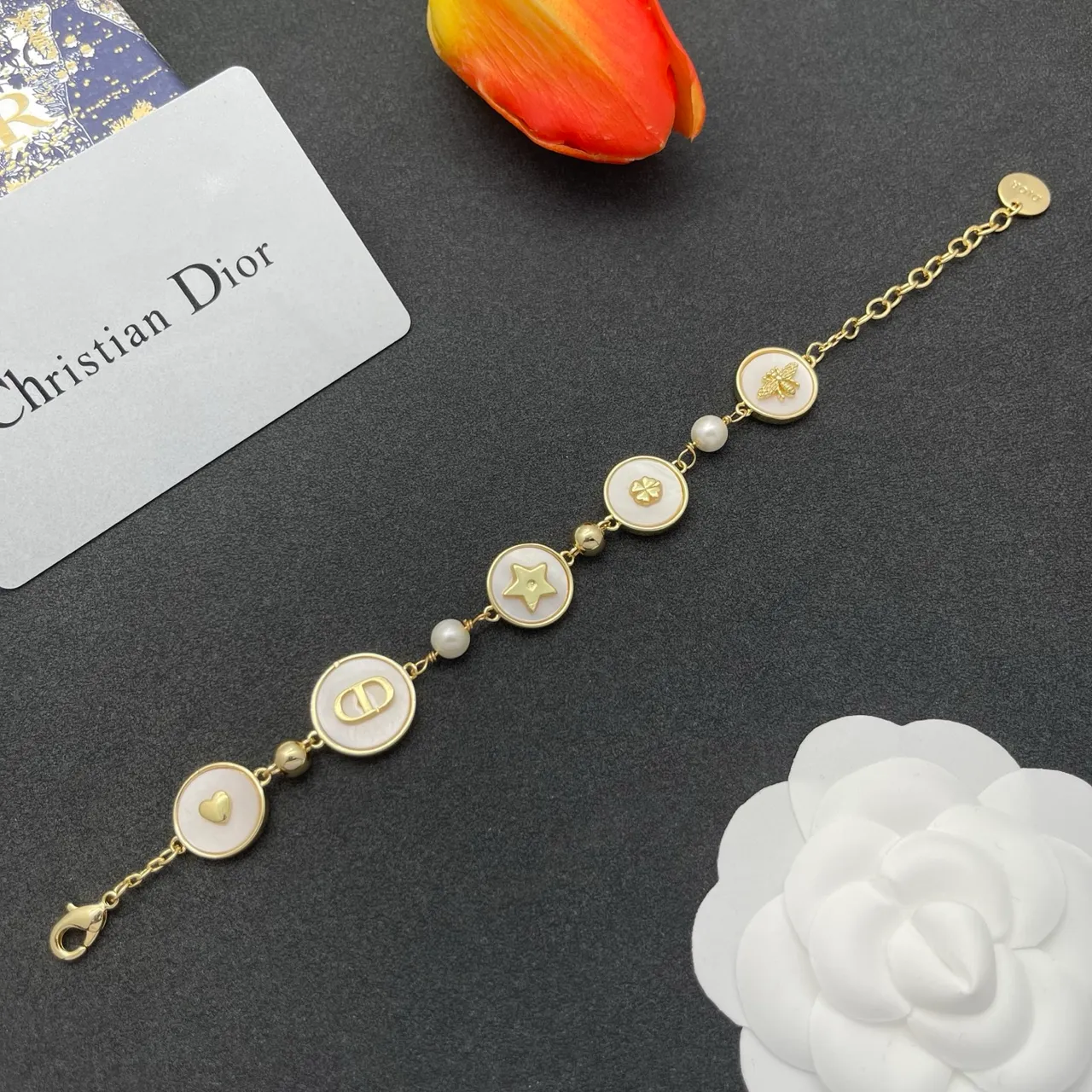 Dior Charms Gold White Chain Multi-Charm Bracelet 7