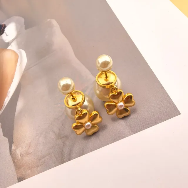 Dior Gold-Tone Four-Petal Flower Pearl Drop Earrings 3