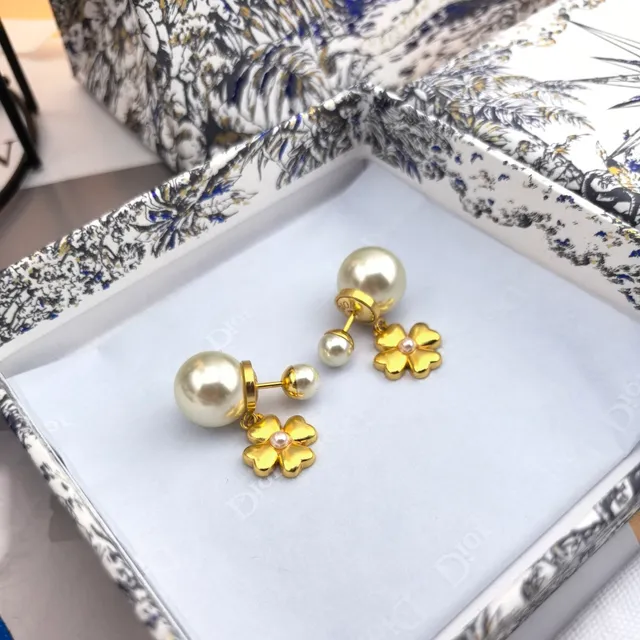 Dior Gold-Tone Four-Petal Flower Pearl Drop Earrings 4