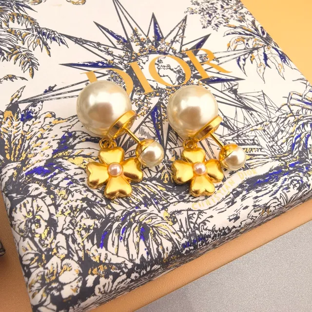 Dior Gold-Tone Four-Petal Flower Pearl Drop Earrings 6