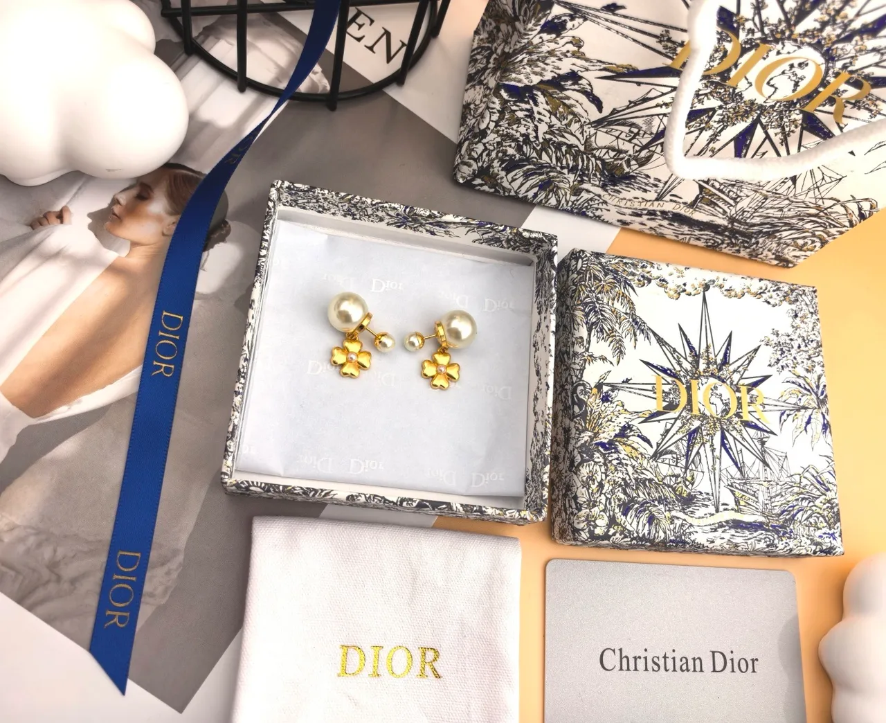 Dior Gold-Tone Four-Petal Flower Pearl Drop Earrings 8