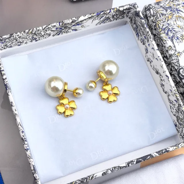 Dior Gold-Tone Four-Petal Flower Pearl Drop Earrings 9