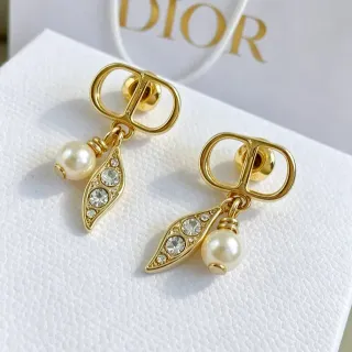 Dior Gold-Tone Pearl and Crystal Leaf Dangle Earrings