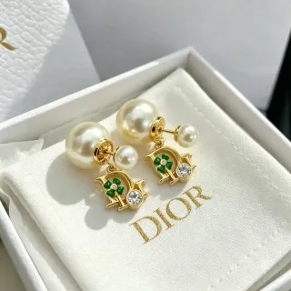 Dior Gold-Tone Pearl and Green Enamel D-Frame Earrings
