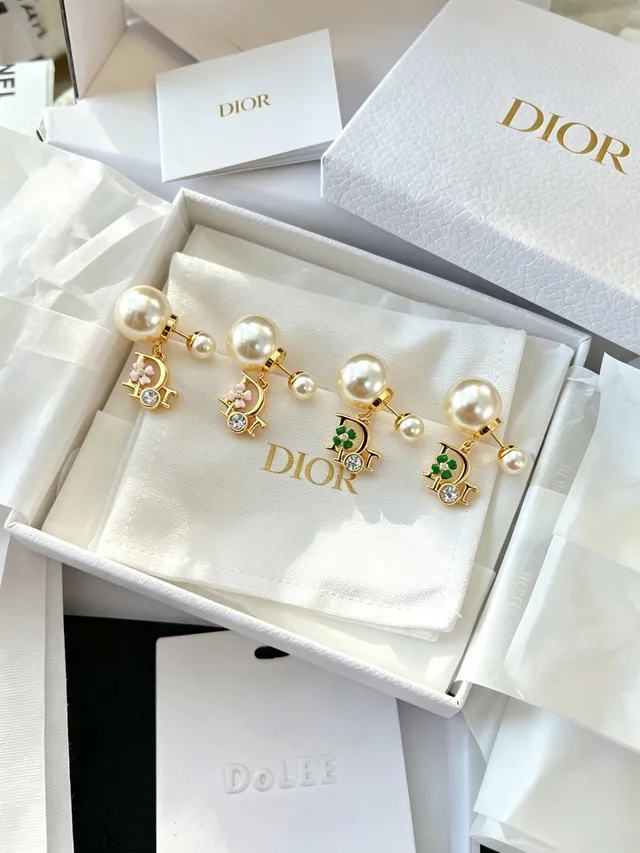 Dior Gold-Tone Pearl and Green Enamel D-Frame Earrings 3