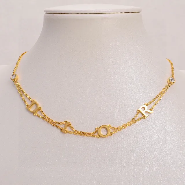 Dior Gold Transparent Double-Chain Letter Charms Necklace 5