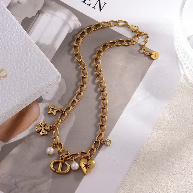 Dior Gold White Chunky Link Chain Multi-Charm Pendant Design Bracelet 2