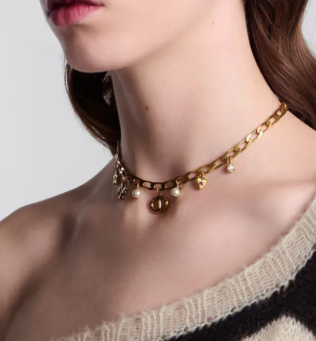 Dior Gold White Chunky Link Chain Multi-Charm Pendant Design Bracelet 8