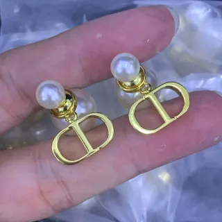 Dior Gold White Metal Double Pearl Earrings