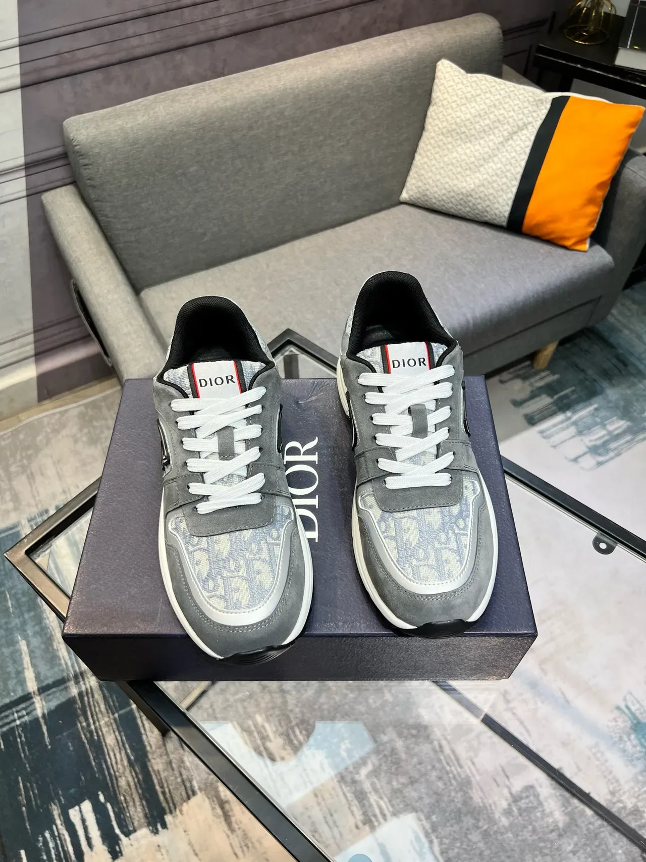 Dior Gray White Suede And Monogram-Print Textile Upper Chunky Midsole Lifestyle Sneakers 4