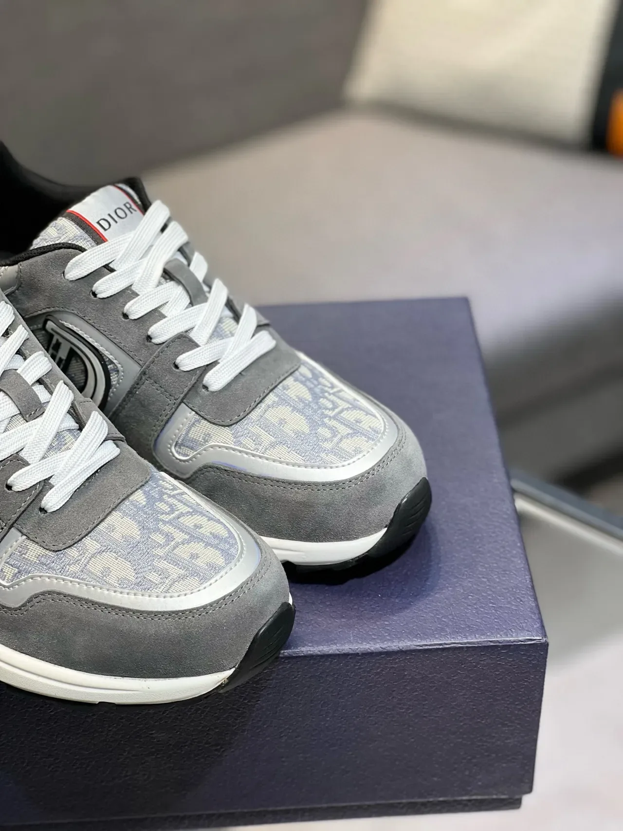 Dior Gray White Suede And Monogram-Print Textile Upper Chunky Midsole Lifestyle Sneakers 5