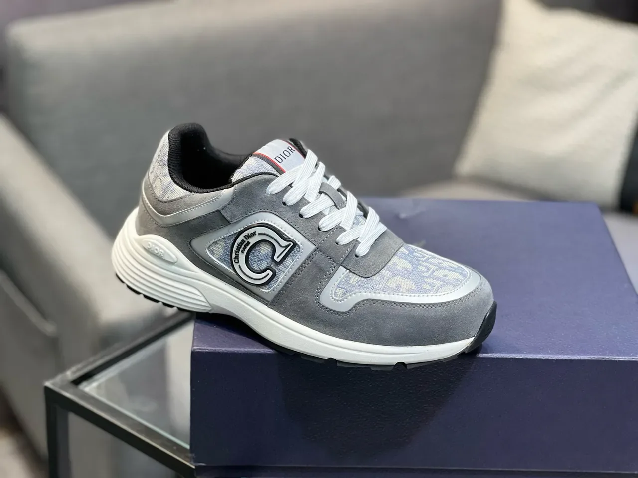 Dior Gray White Suede And Monogram-Print Textile Upper Chunky Midsole Lifestyle Sneakers 6