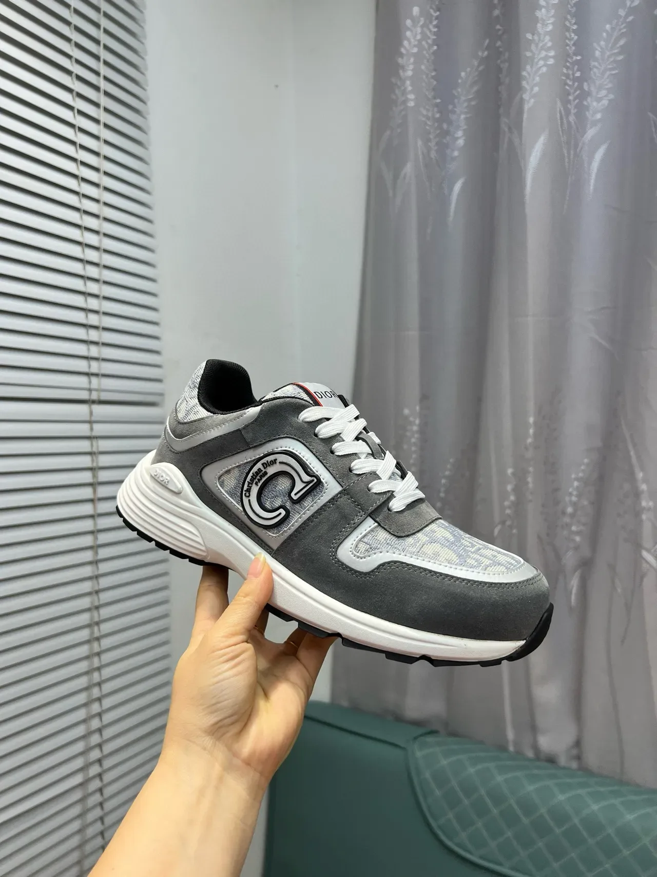 Dior Gray White Suede And Monogram-Print Textile Upper Chunky Midsole Lifestyle Sneakers 7