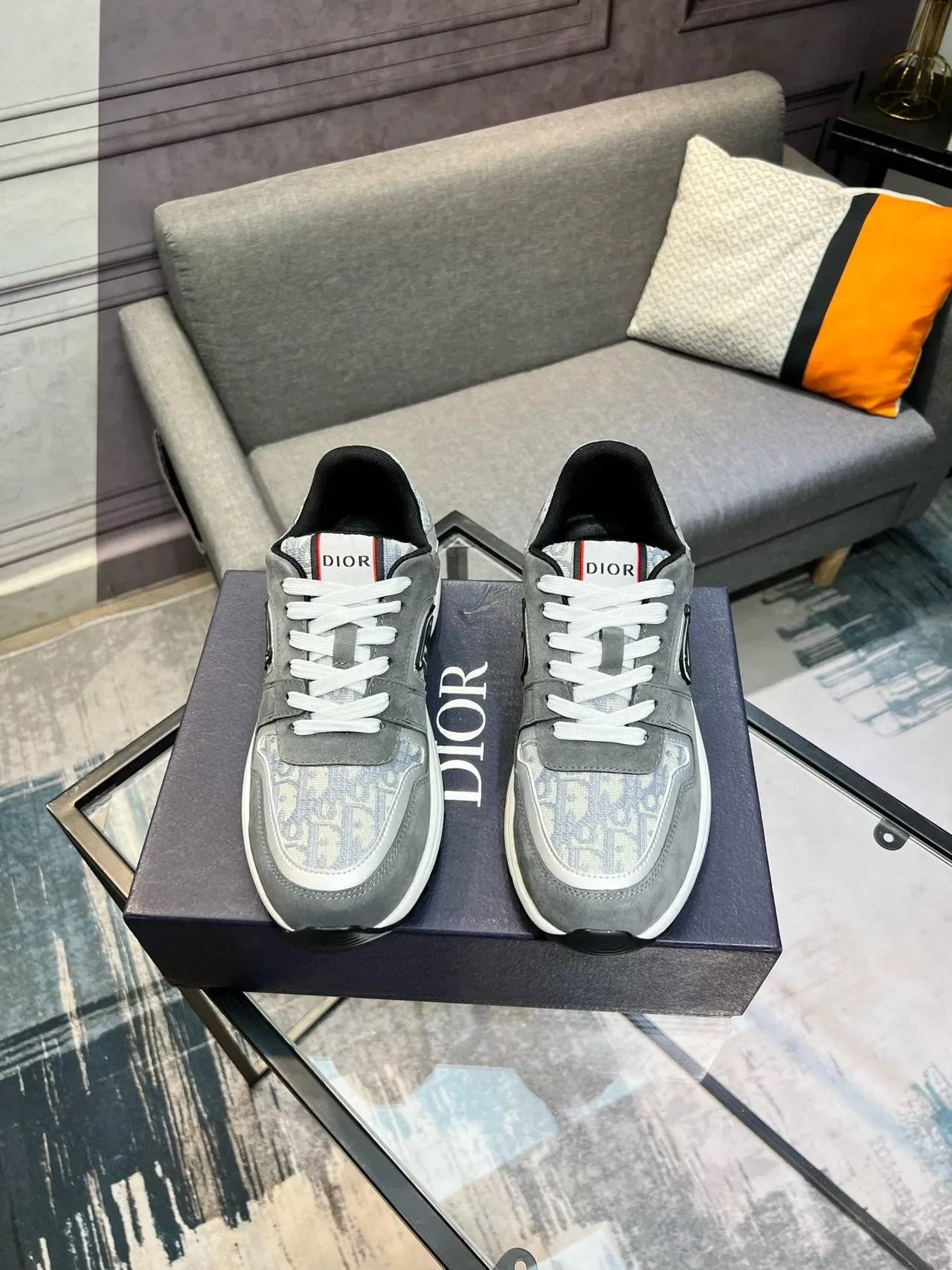 Dior Gray White Suede And Monogram-Print Textile Upper Chunky Midsole Lifestyle Sneakers 8