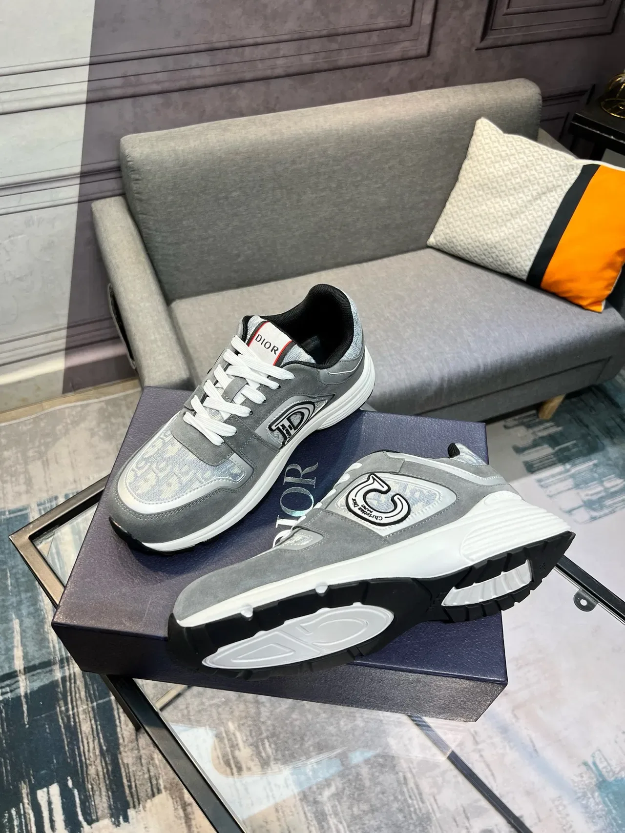 Dior Gray White Suede And Monogram-Print Textile Upper Chunky Midsole Lifestyle Sneakers 9