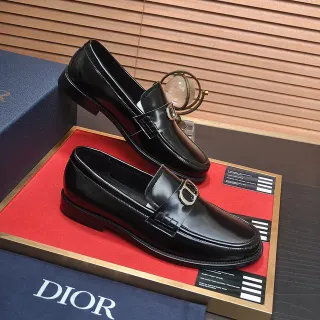 Dior Loafer Black Gold Polished Leather Metal CD Buckle Strap Loafer