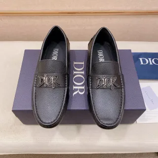 Dior Logo Strap Black Silver Pebbled Leather Metal Loafer