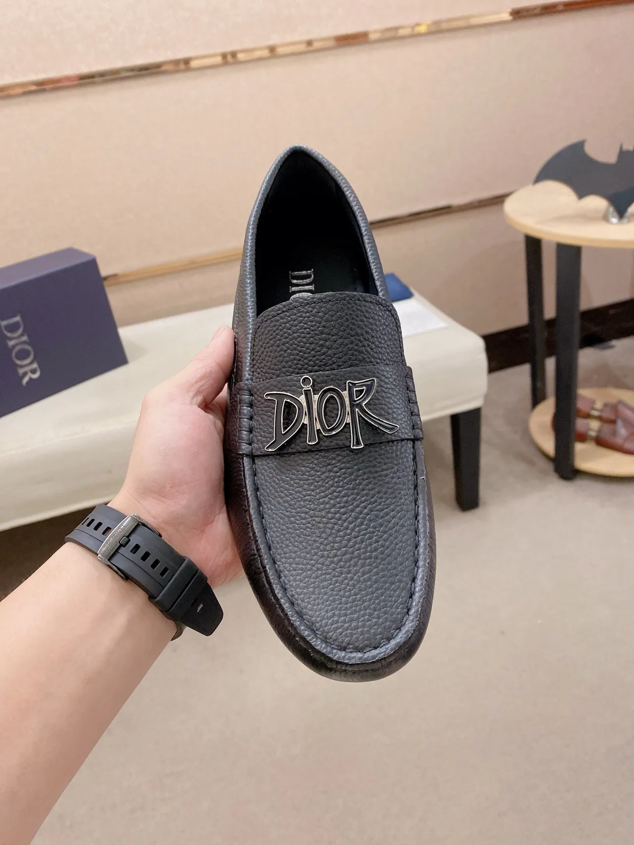 Dior Logo Strap Black Silver Pebbled Leather Metal Loafer 3