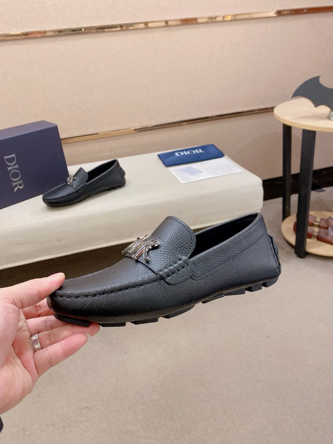 Dior Logo Strap Black Silver Pebbled Leather Metal Loafer 4