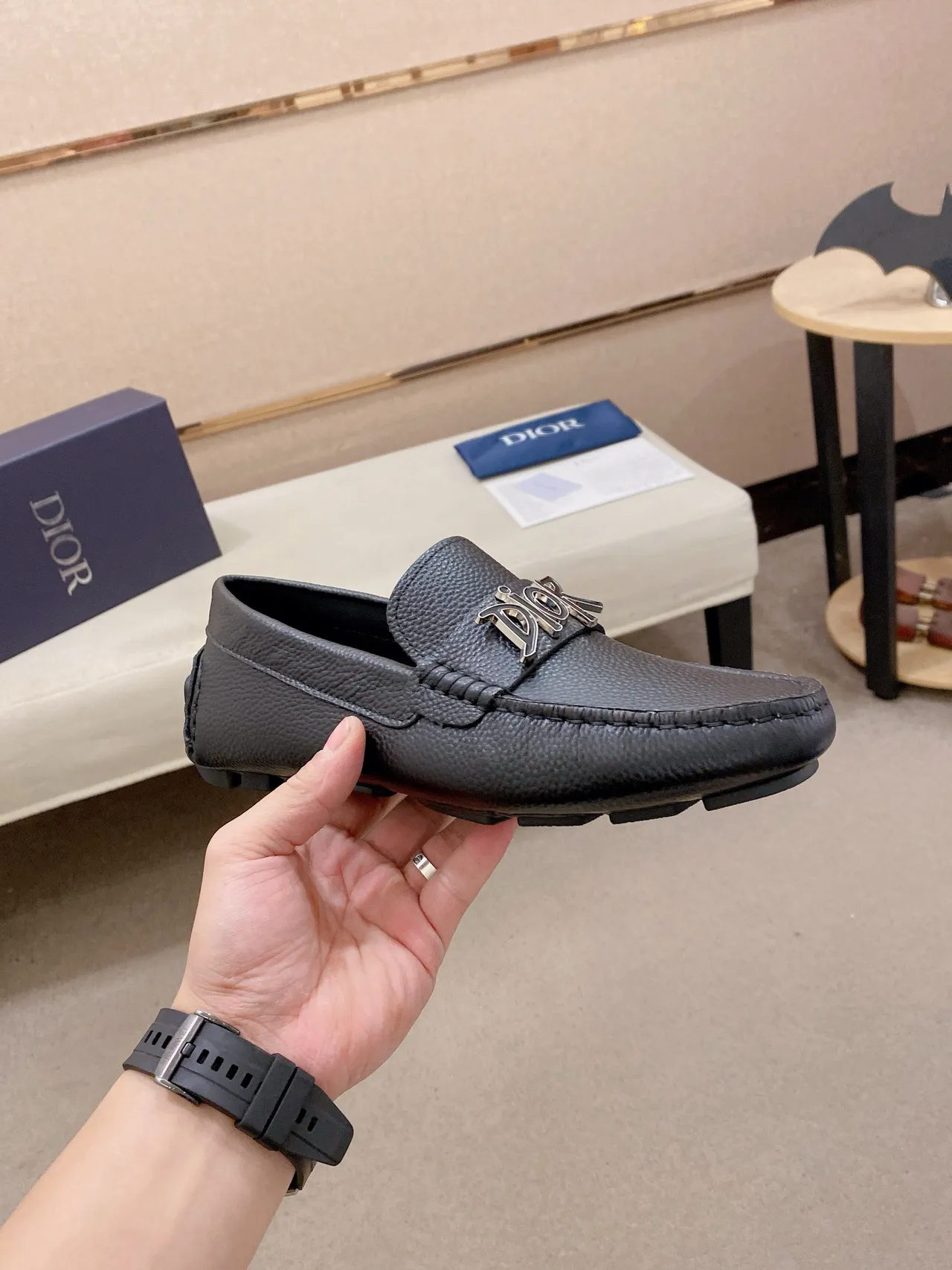 Dior Logo Strap Black Silver Pebbled Leather Metal Loafer 5