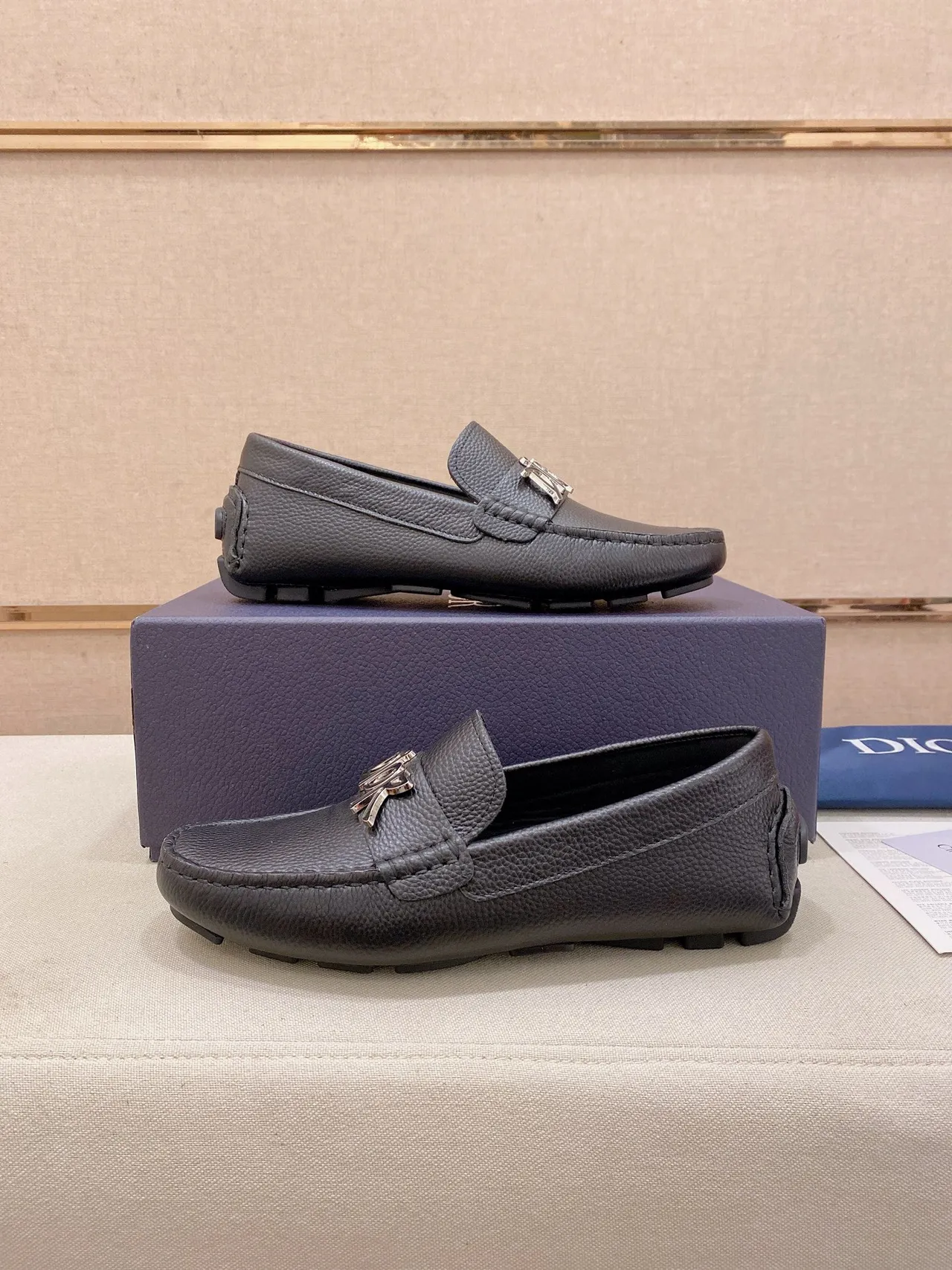 Dior Logo Strap Black Silver Pebbled Leather Metal Loafer 8