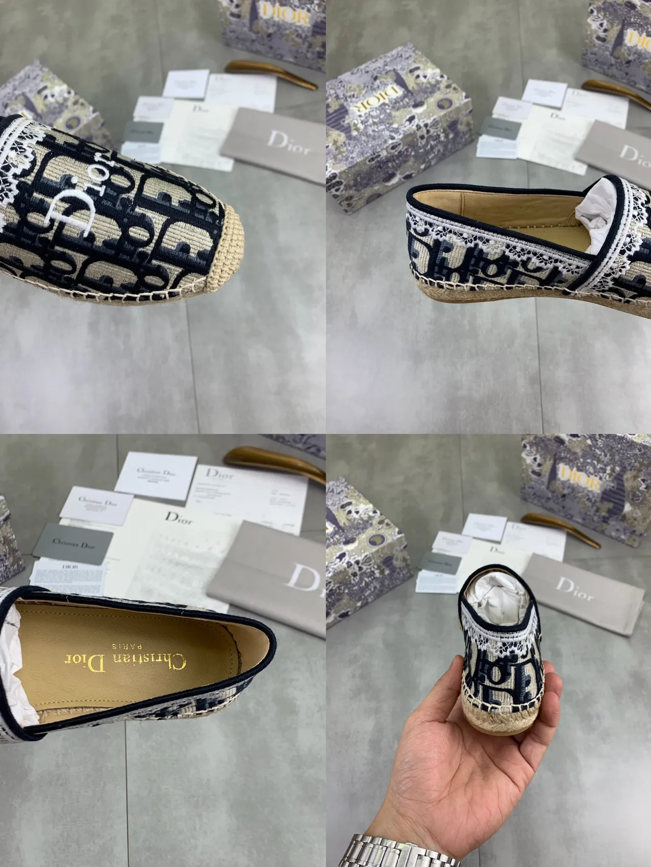 Dior أزرق بحري بيج مونوغرامد نسيج محرّم دانتيل كولار أحذية قارب 2