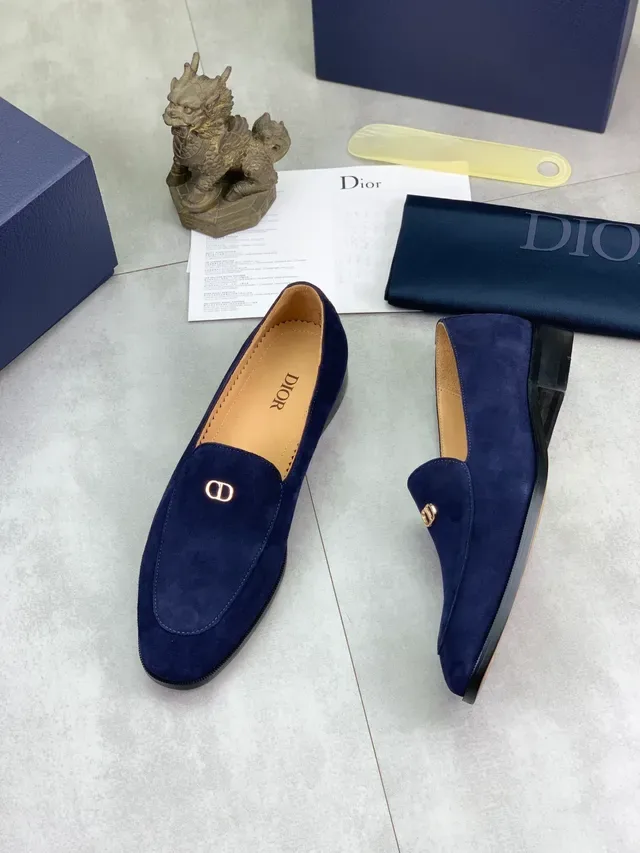 Dior Navy Gold Suede Metal D-Logo Accent Loafer 6