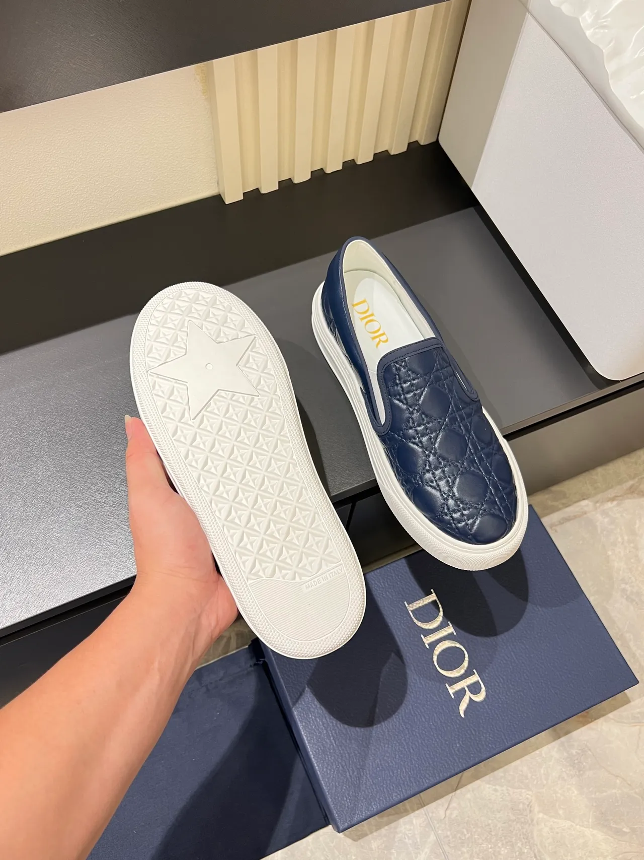 Dior Navy White Quilted Cannage Leather Slip-On Construction Loafer 3