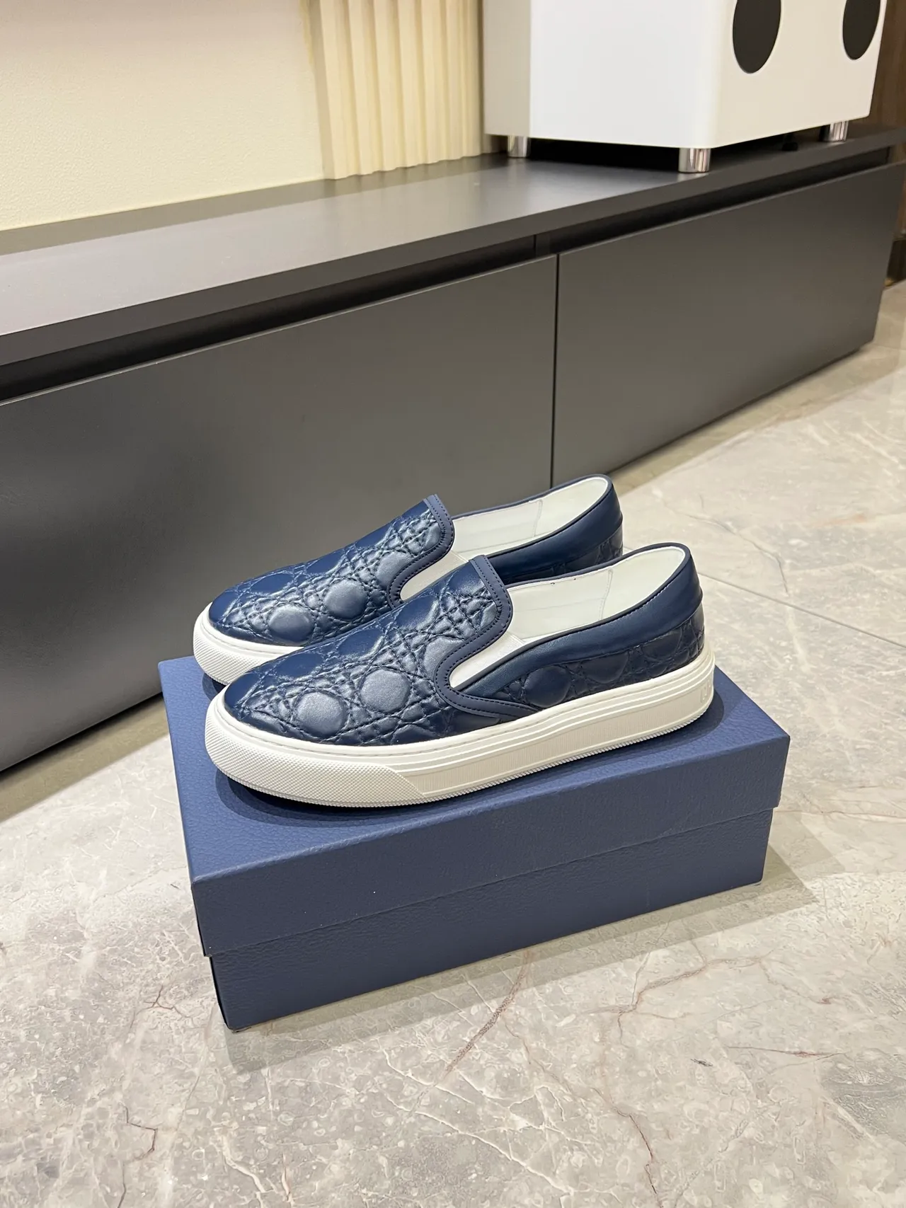 Dior Navy White Quilted Cannage Leather Slip-On Construction Loafer 4
