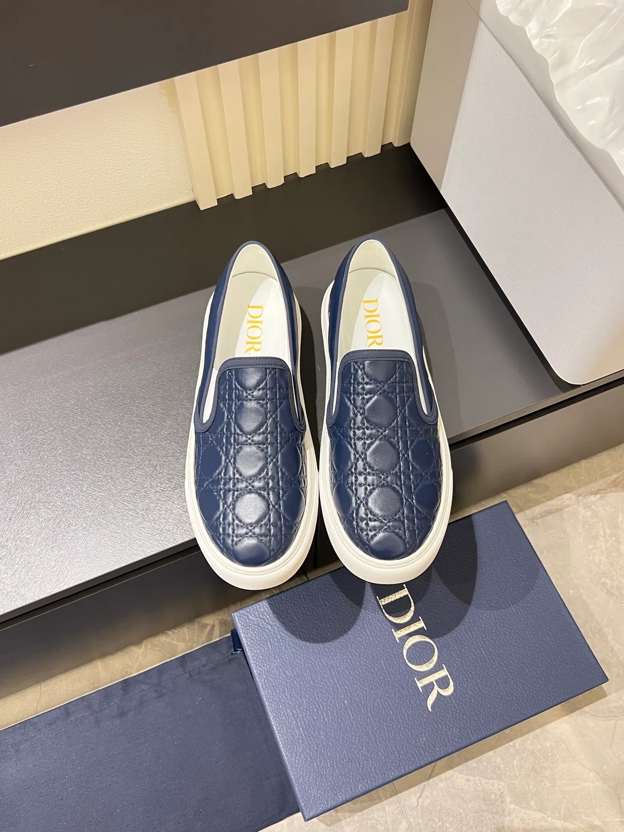 Dior Navy White Quilted Cannage Leather Slip-On Construction Loafer 5
