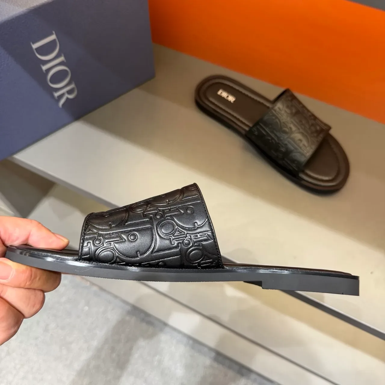 Dior Oblique Monogram Black Embossed Flat Sole Slippers 3