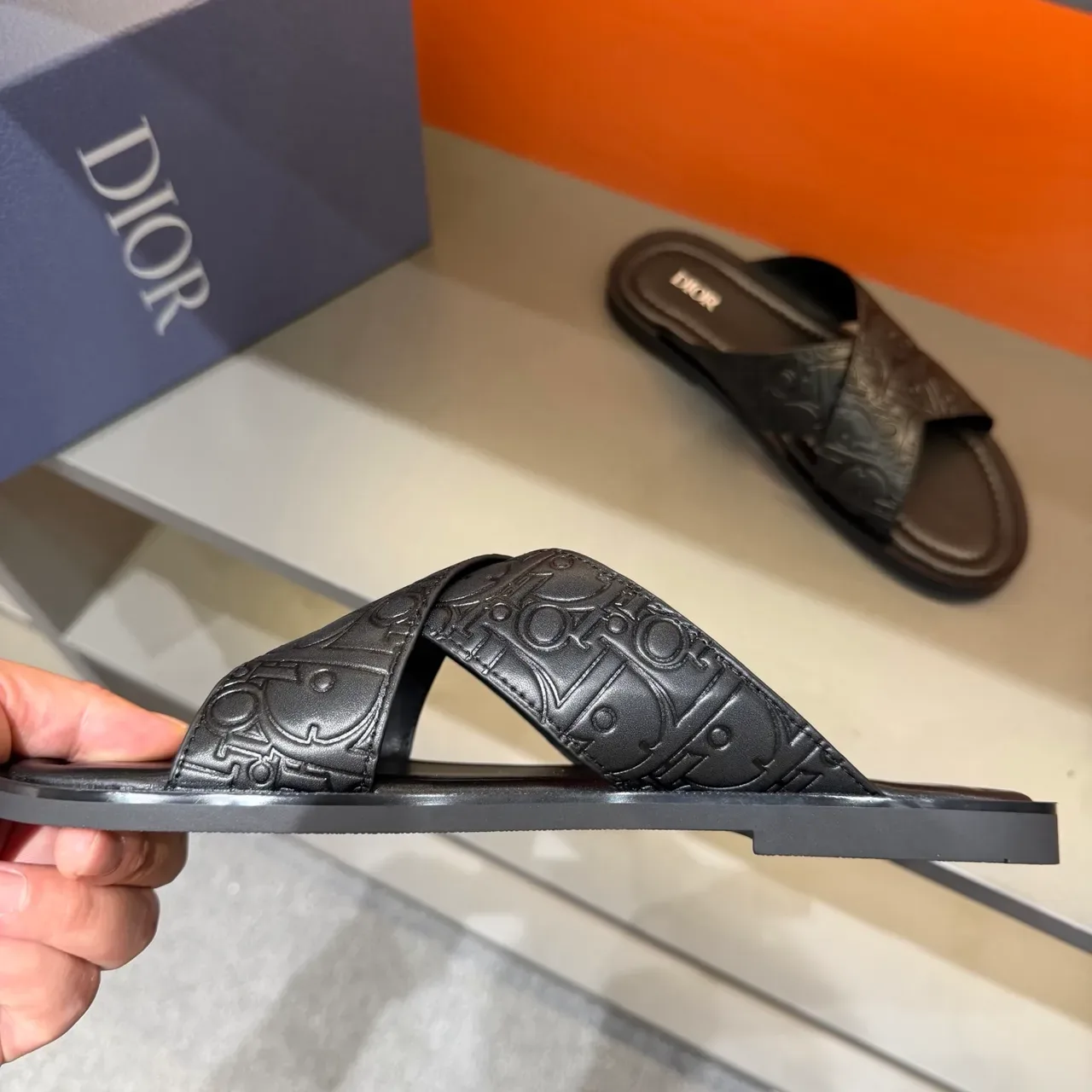 Dior Oblique Monogram Black Embossed Flat Sole Slippers 4