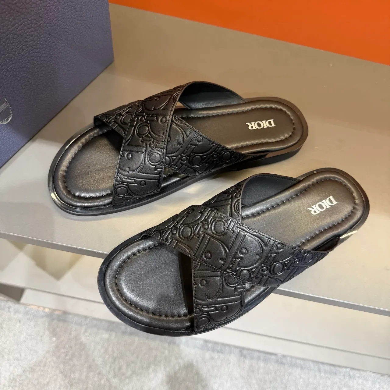 Dior Oblique Monogram Black Embossed Flat Sole Slippers 7