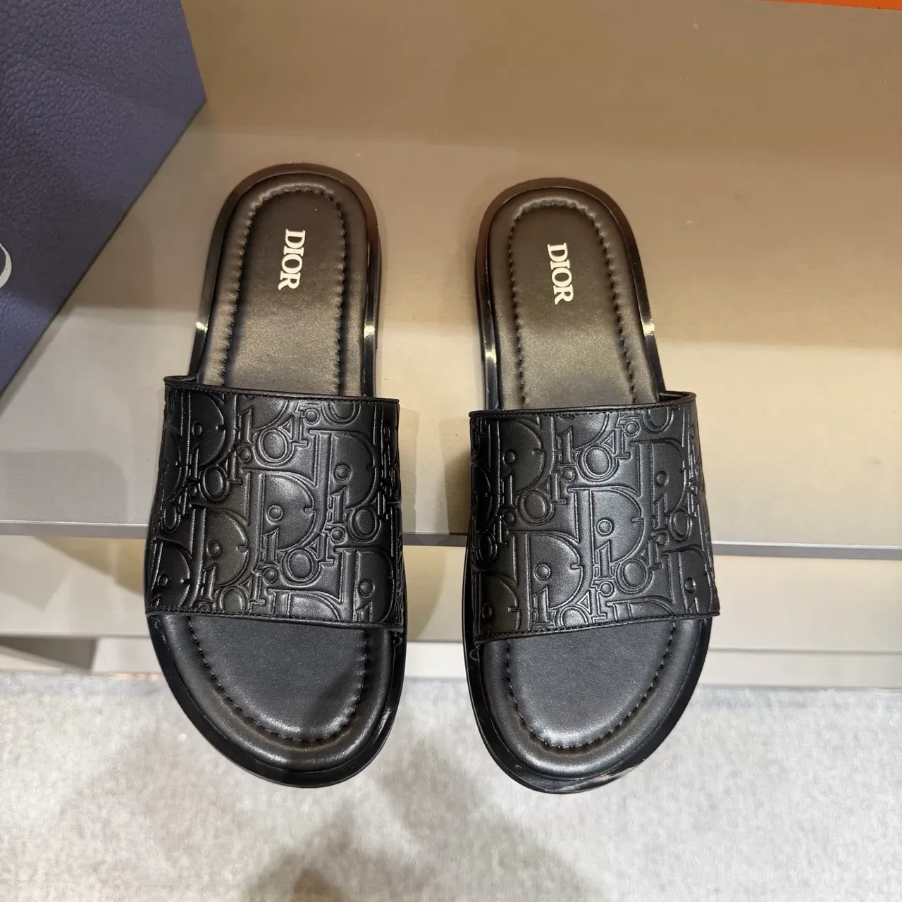 Dior Oblique Monogram Black Embossed Flat Sole Slippers 9
