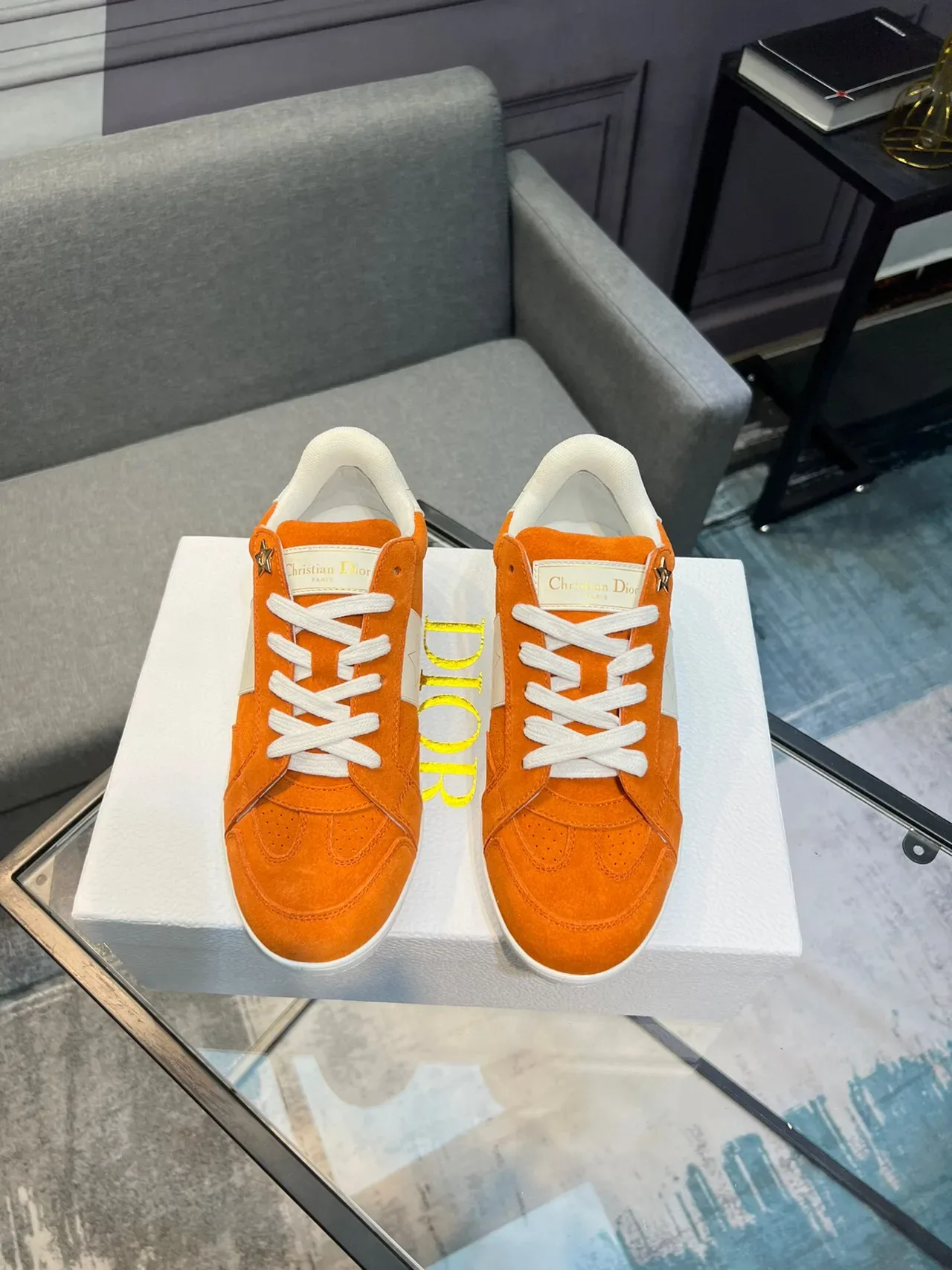 Dior Orange White Suede Upper Star Motif Detailing Lifestyle Sneakers 2
