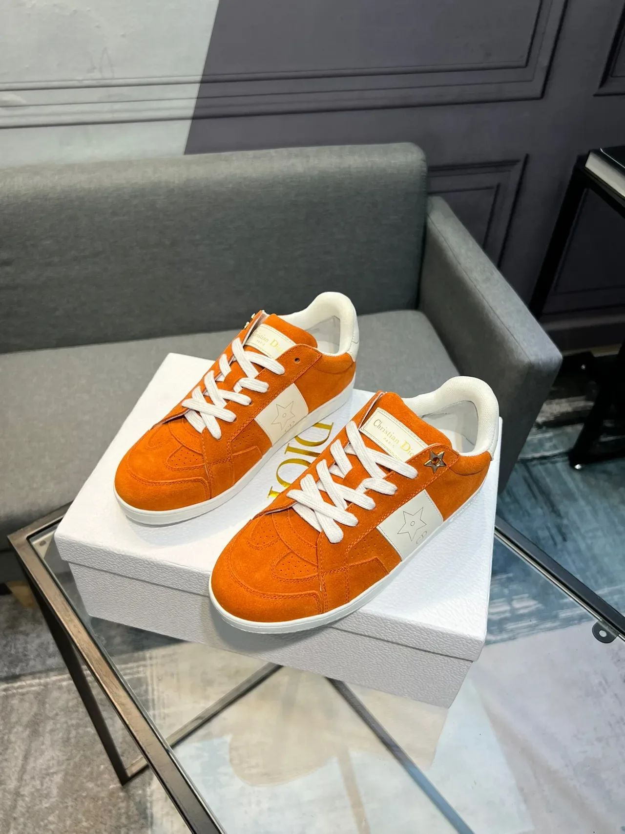 Dior Orange White Suede Upper Star Motif Detailing Lifestyle Sneakers 3