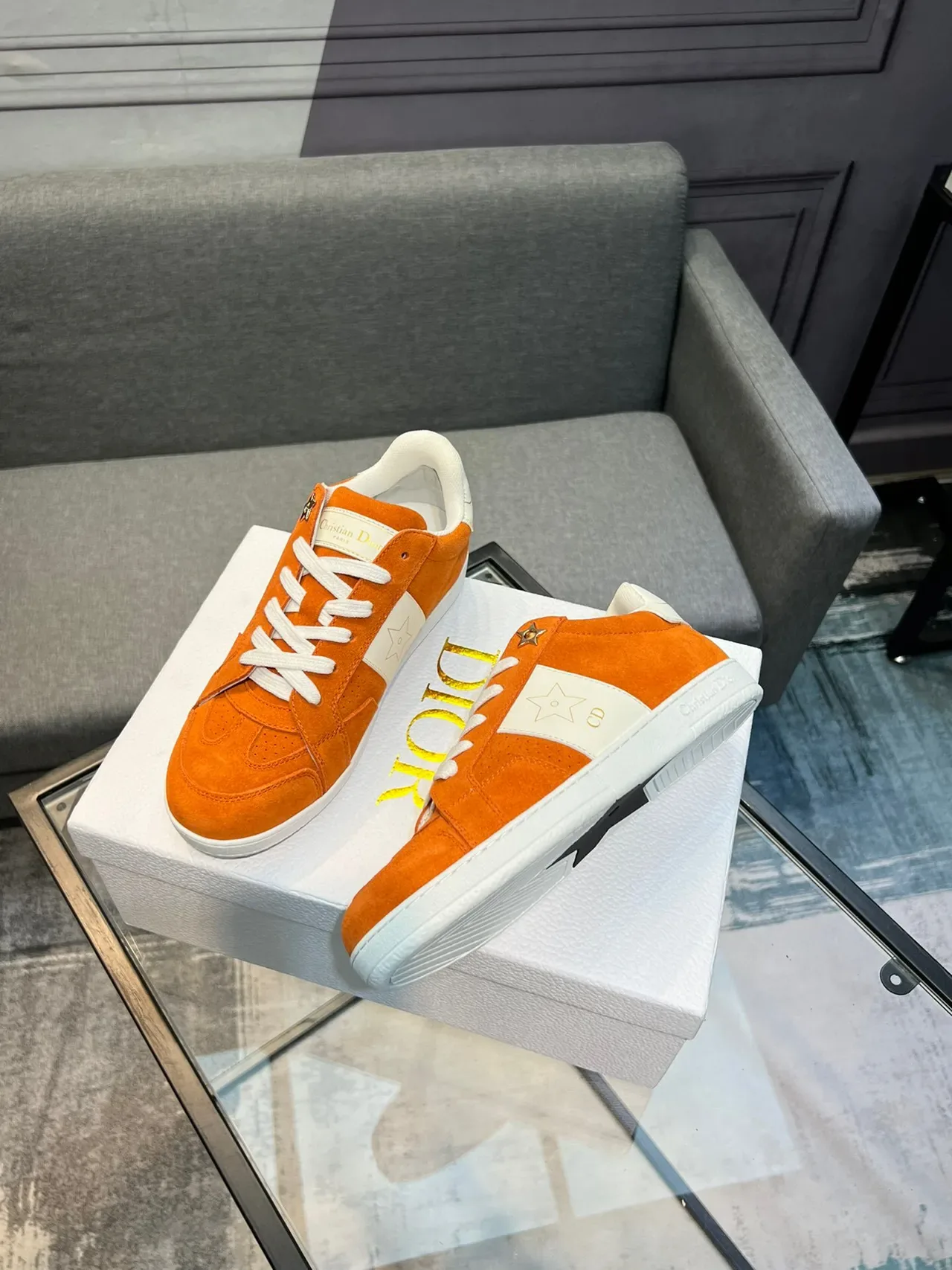 Dior Orange White Suede Upper Star Motif Detailing Lifestyle Sneakers 4