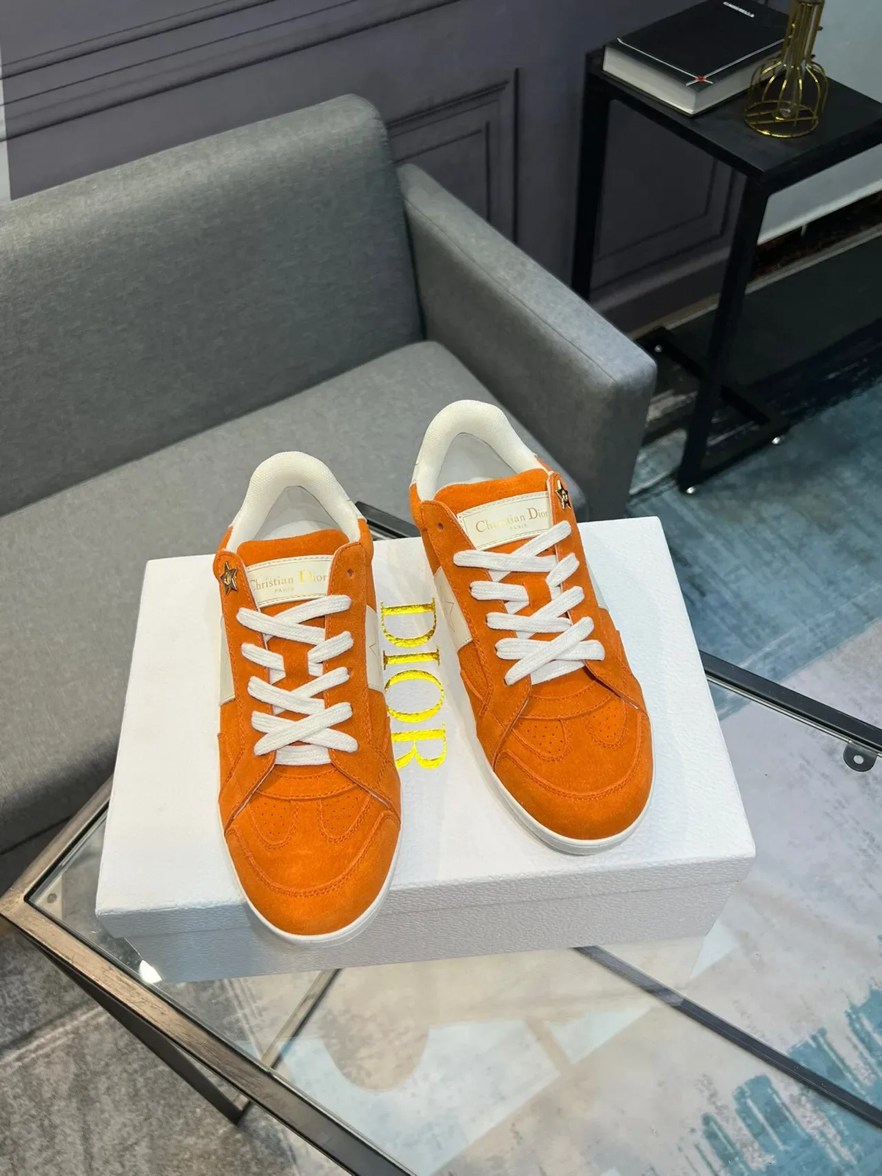 Dior Orange White Suede Upper Star Motif Detailing Lifestyle Sneakers 5