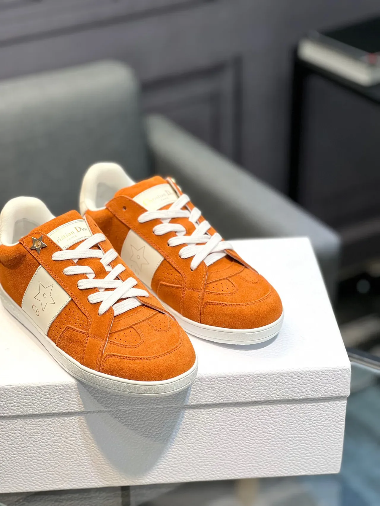 Dior Orange White Suede Upper Star Motif Detailing Lifestyle Sneakers 8