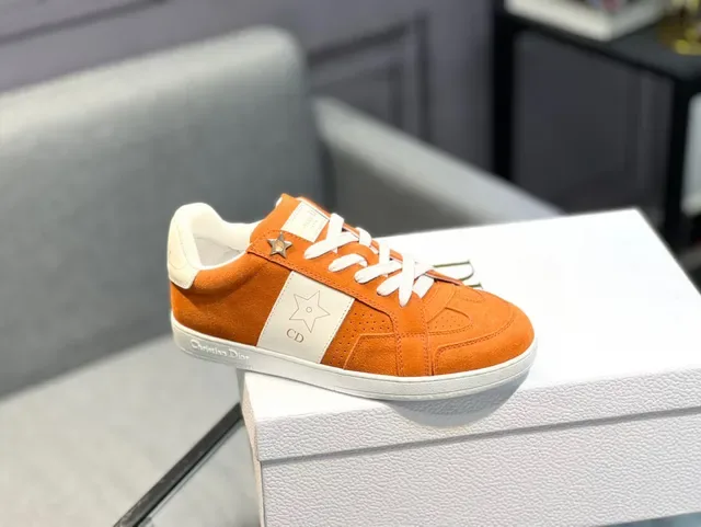 Dior Orange White Suede Upper Star Motif Detailing Lifestyle Sneakers 9