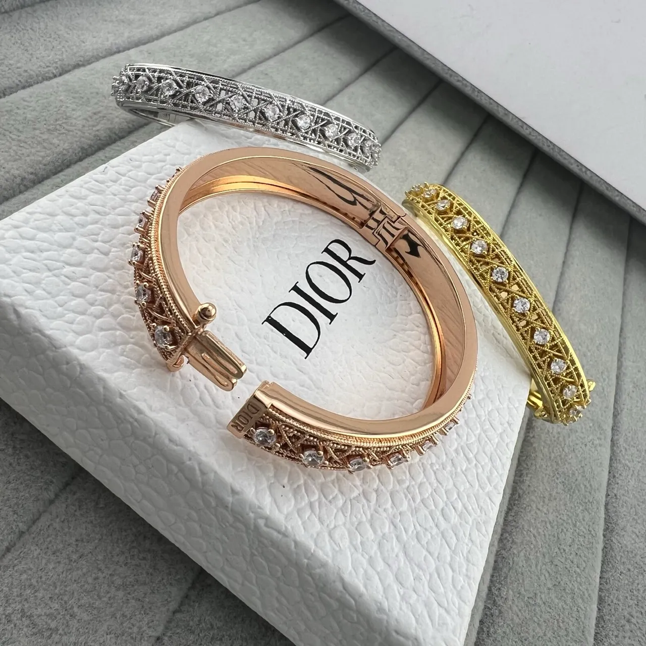Dior Ornate Lattice Pavé Crystal Bangle Bracelets 8