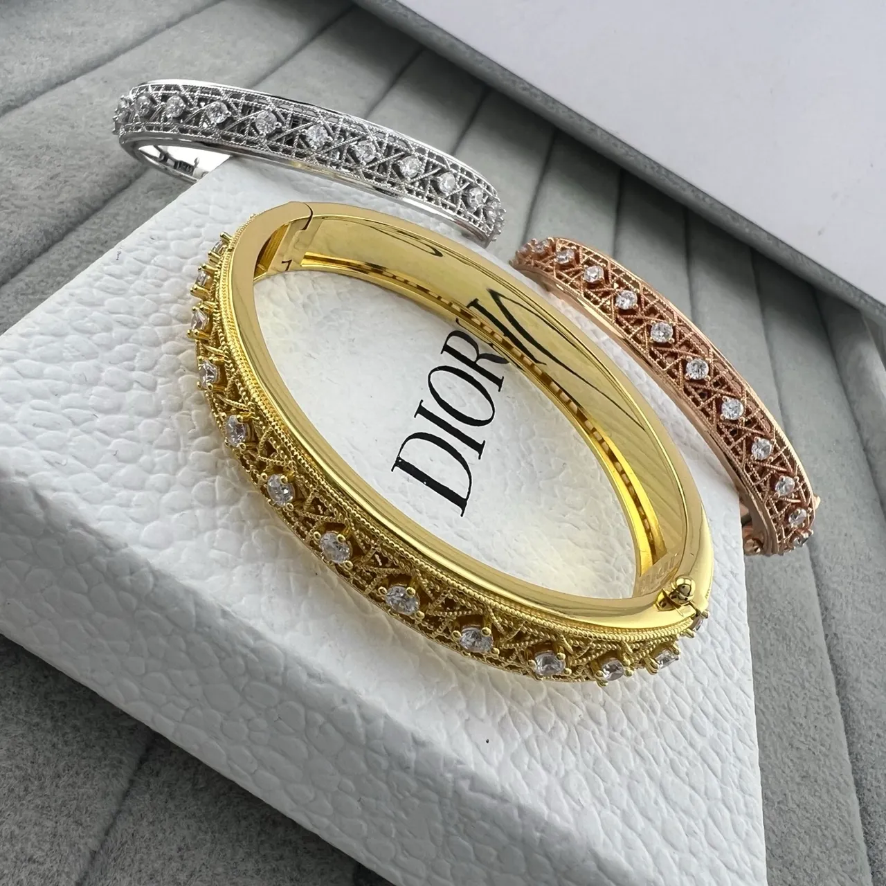 Dior Ornate Lattice Pavé Crystal Bangle Bracelets 9