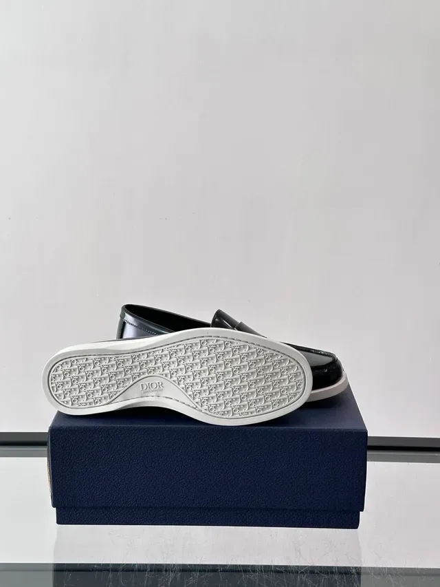 Dior Penny Loafer Black White Glossy Patent Leather Strap Loafer 2