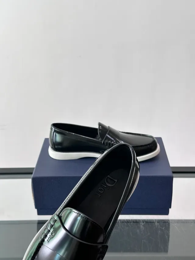 Dior Penny Loafer Black White Glossy Patent Leather Strap Loafer 3