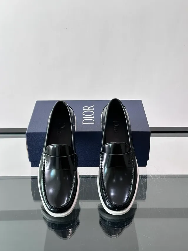 Dior Penny Loafer Black White Glossy Patent Leather Strap Loafer 4
